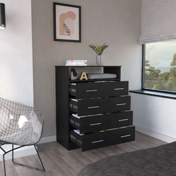 Peru L Four Drawer Dresser, Superior Top, One Open Shelf, Black, Tuhome, Mfr#: CLW6743